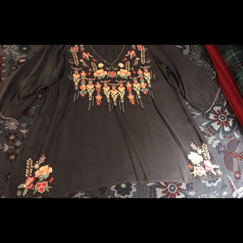 Johnny Was dark grey rayon embroidered top.